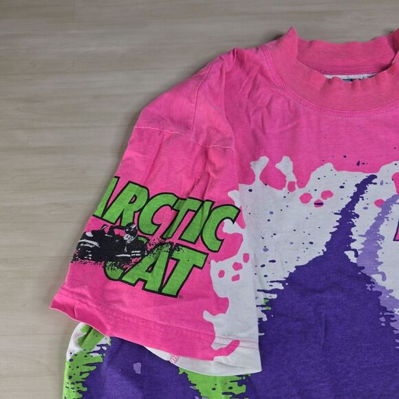 Vintage Arctic Cat Shirt Mens Large Pink Purple AOP Graphic Tee AXO 90s - Picture 2 of 9